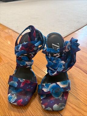 Zara Blue & Purple Floral Tie-Ankle Heeled Sandals